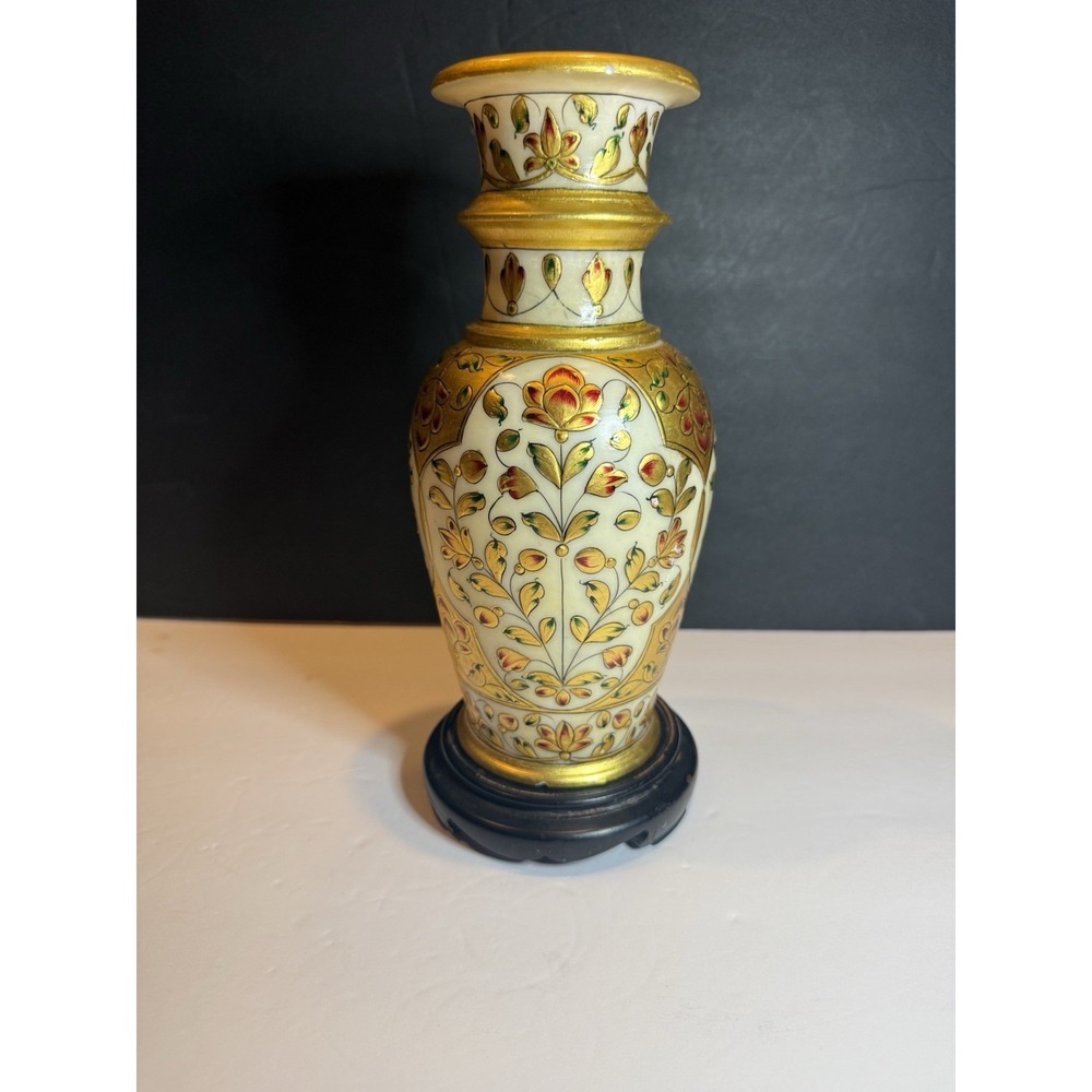 Hand Painted Indian Marble Vase Floral Gold Decor 10" Tall w/ Display Base